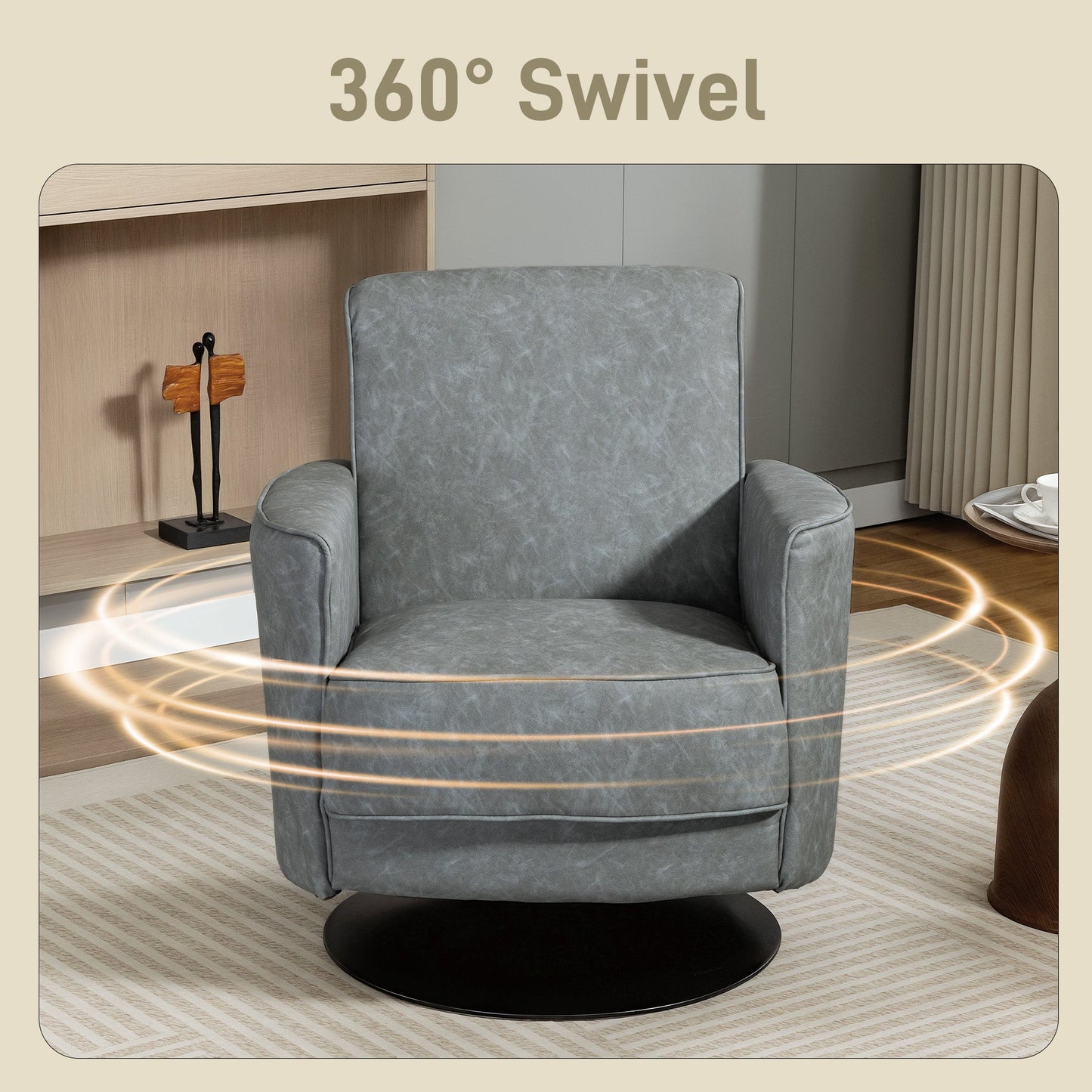 HOMCOM Upholstered Swivel Accent Chair with Thick Padding, Grey