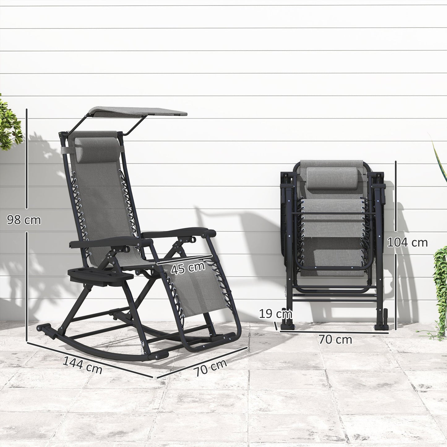 Outsunny Garden Rocking Chair Folding Recliner Outdoor Adjustable Sun Lounger Rocker Zero-Gravity Seat with Headrest Side Holder Patio Deck - Grey