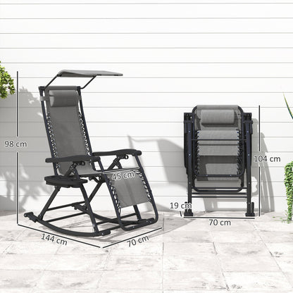 Outsunny Garden Rocking Chair Folding Recliner Outdoor Adjustable Sun Lounger Rocker Zero-Gravity Seat with Headrest Side Holder Patio Deck - Grey