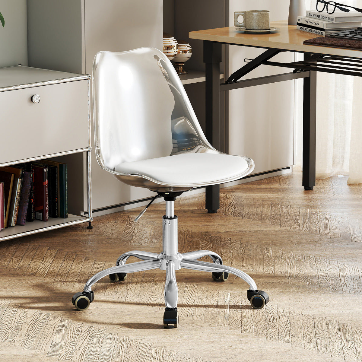 Clear Desk Chair Armless Rolling Acrylic Office Chair with Swivel Seat and PU Leather Cushion-Clear