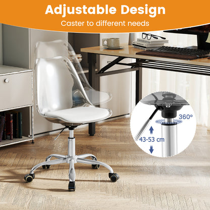 Clear Desk Chair Armless Rolling Acrylic Office Chair with Swivel Seat and PU Leather Cushion-Clear