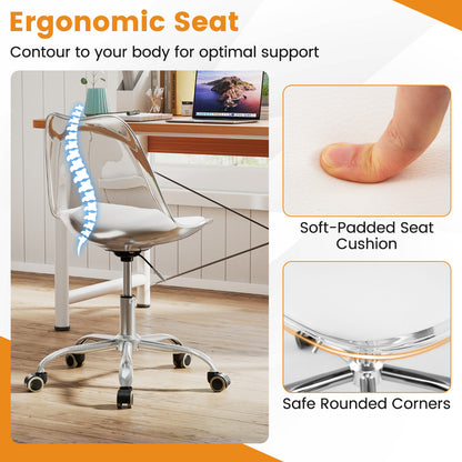 Clear Desk Chair Armless Rolling Acrylic Office Chair with Swivel Seat and PU Leather Cushion-Clear