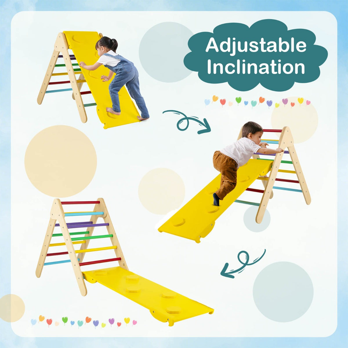 3-in-1 Kid Wooden Climbing Triangle Set Sliding with Reversible Ramp