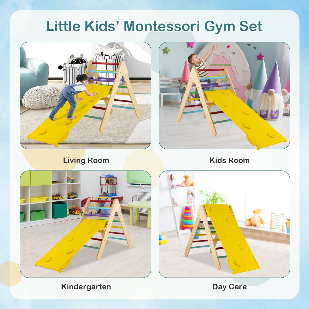 3-in-1 Kid Wooden Climbing Triangle Set Sliding with Reversible Ramp
