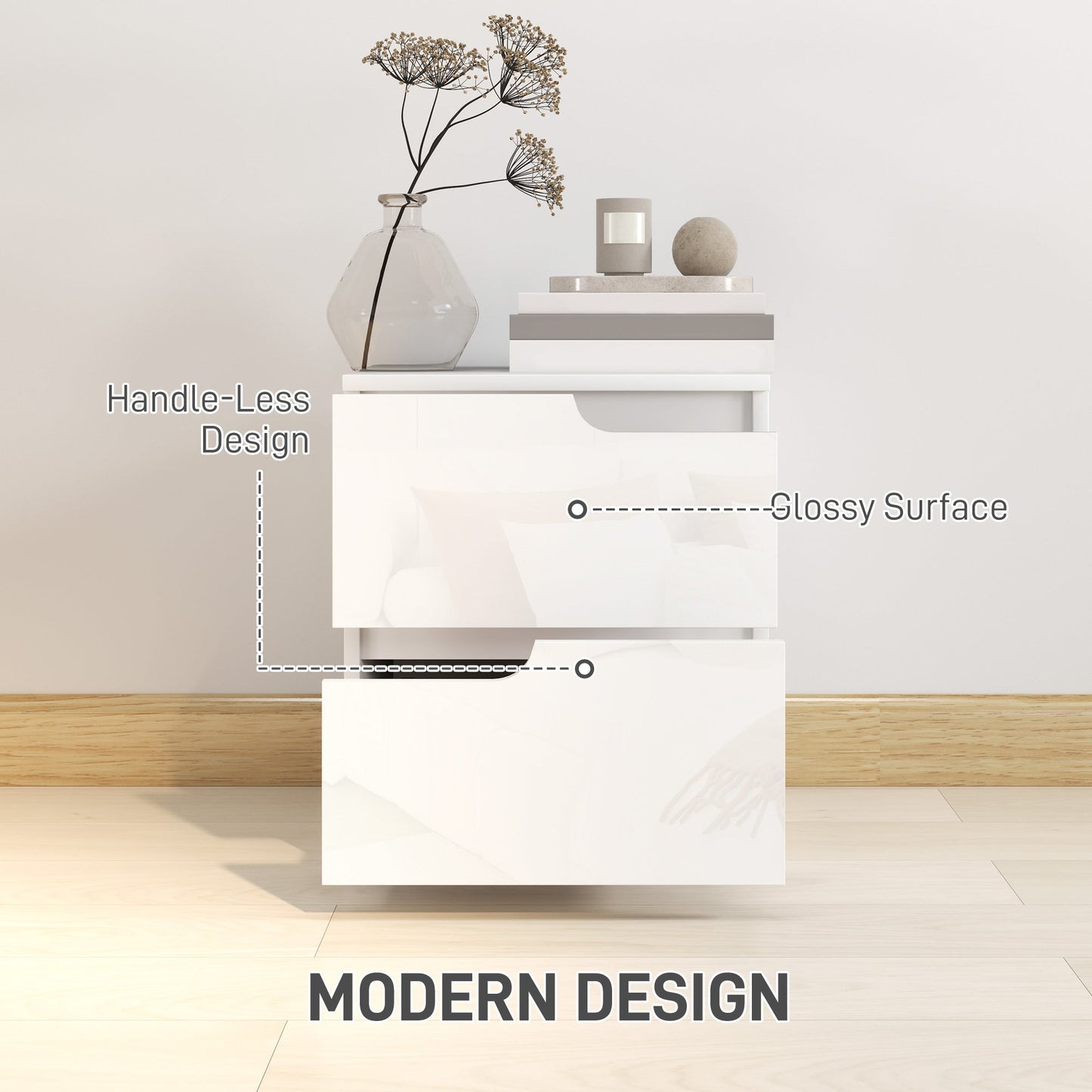 HOMCOM High Gloss Bedside Table Set of 2 - White