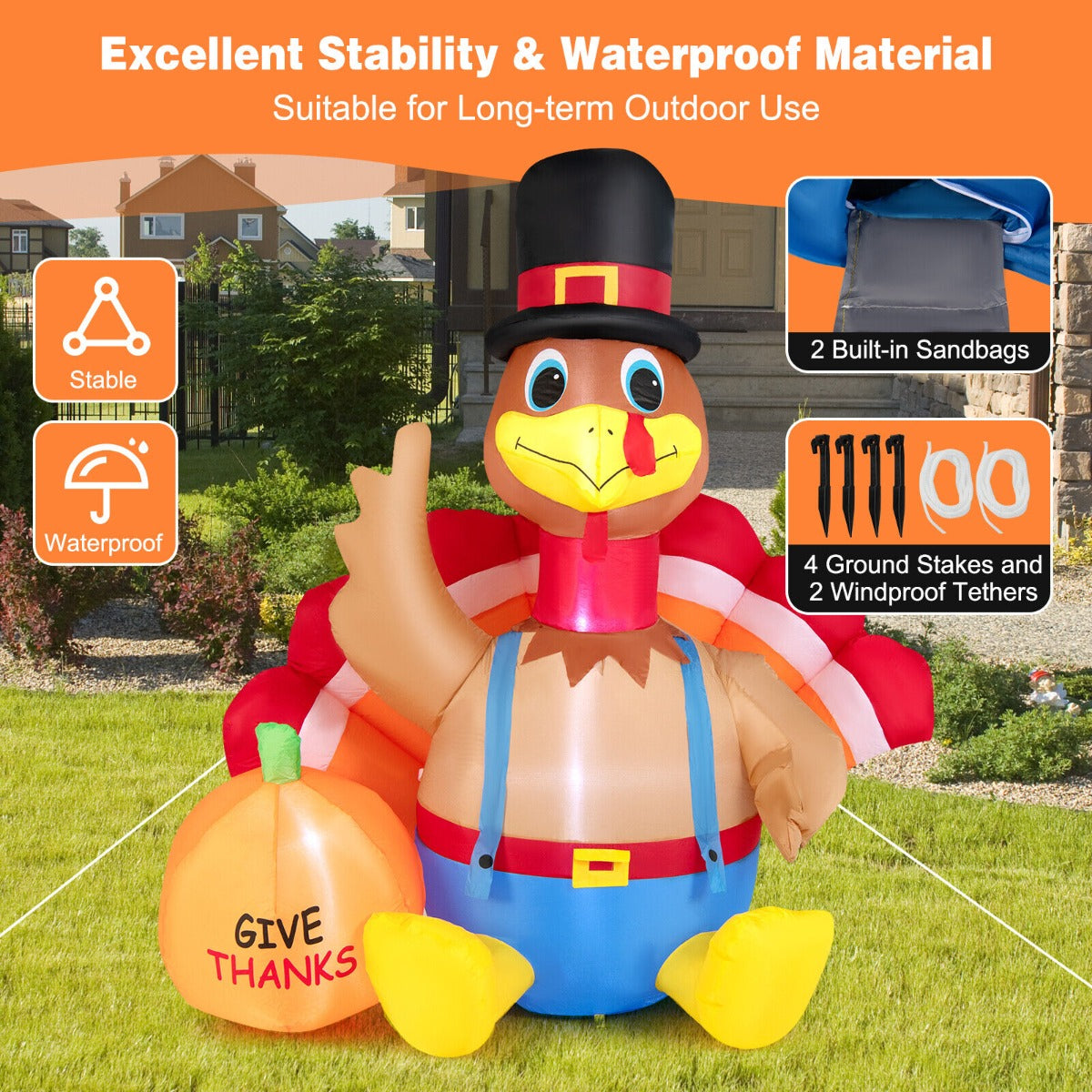 6 Feet Inflatable Thanksgiving Turkey with Pumpkin and LED Lights