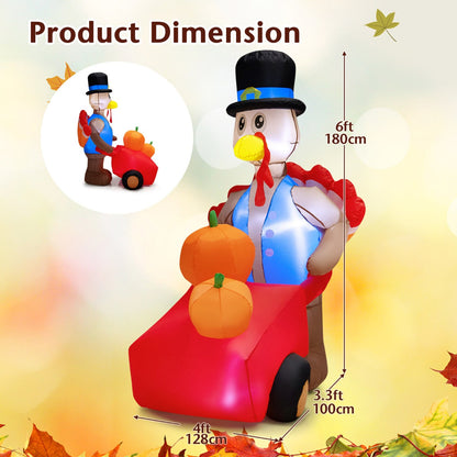 6 Feet Lighted Thanksgiving Inflatable Turkey Pushing Pumpkin Cart