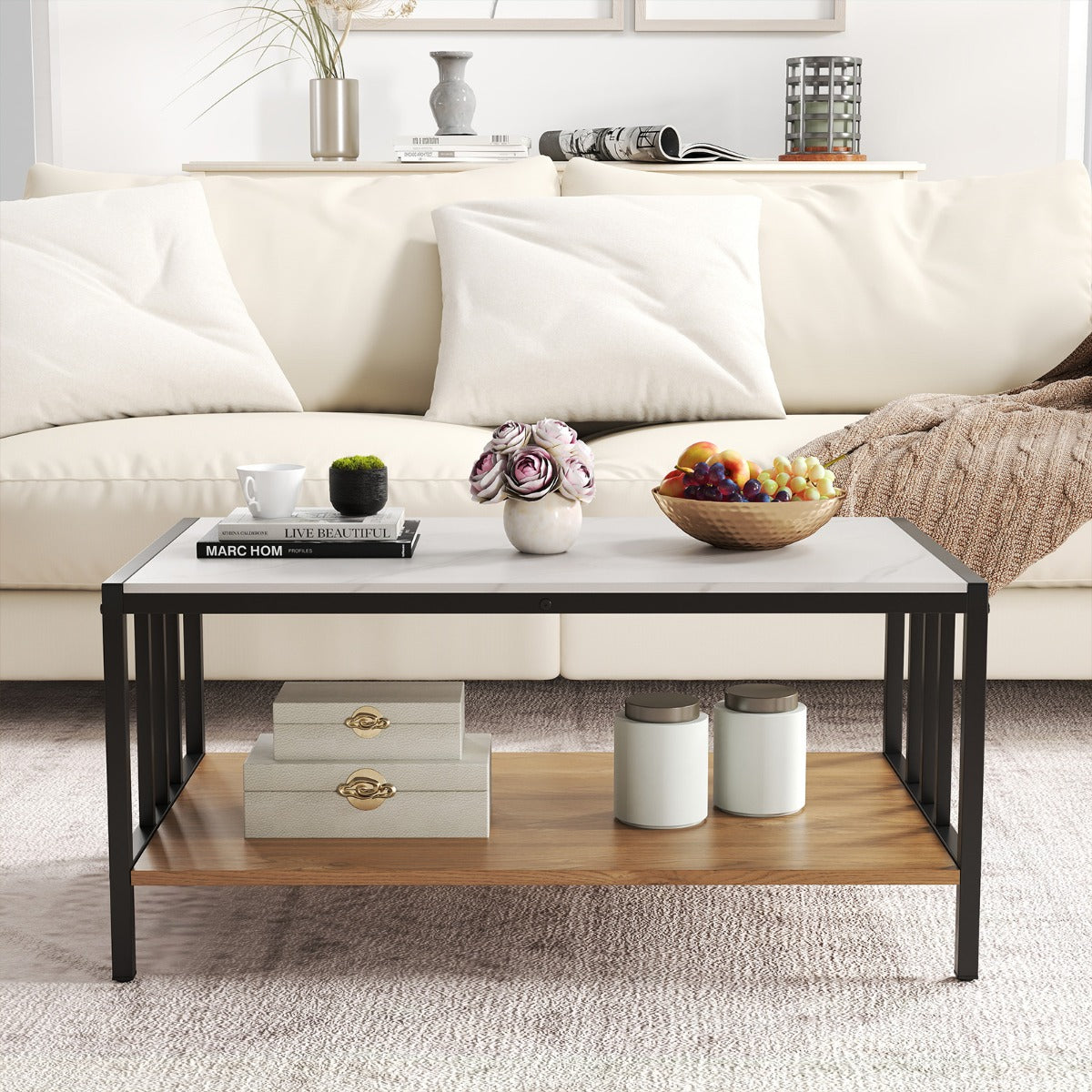 Rectangular Center Table with Sintered Stone Tabletop-White