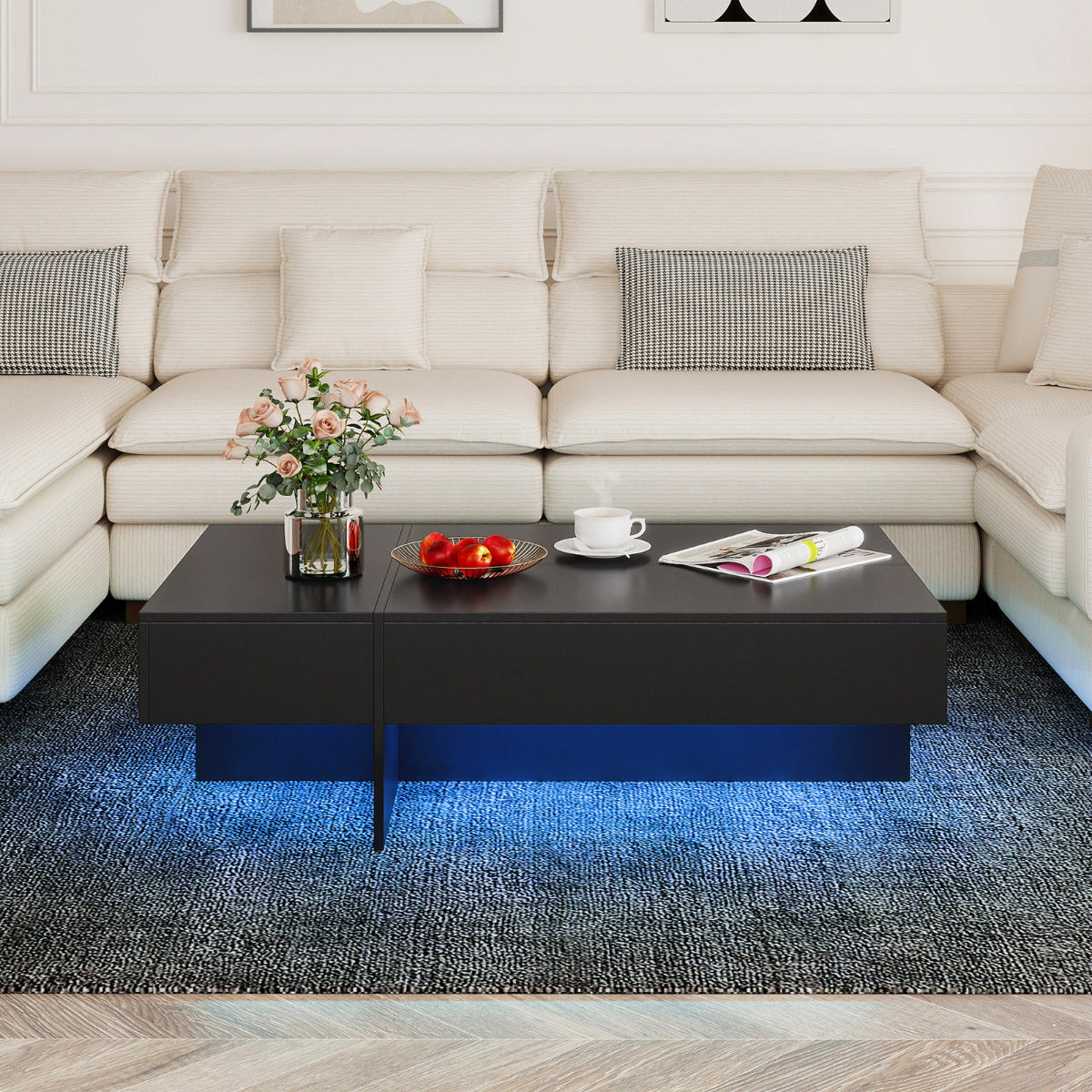 Coffee Table High-Gloss Accent Table with 3 Storage Drawers-Black