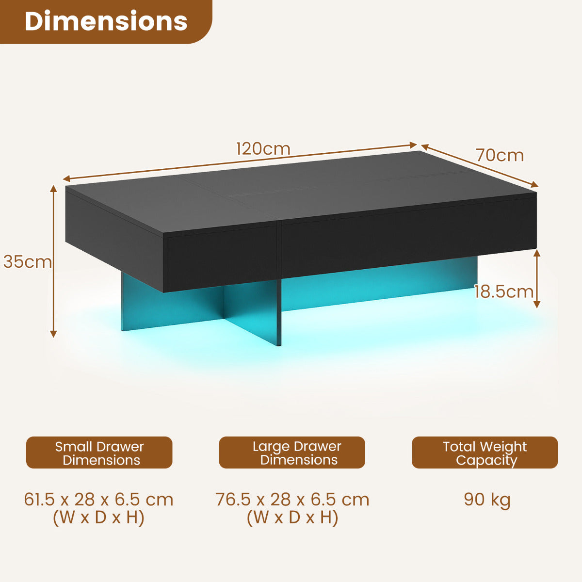 Coffee Table High-Gloss Accent Table with 3 Storage Drawers-Black