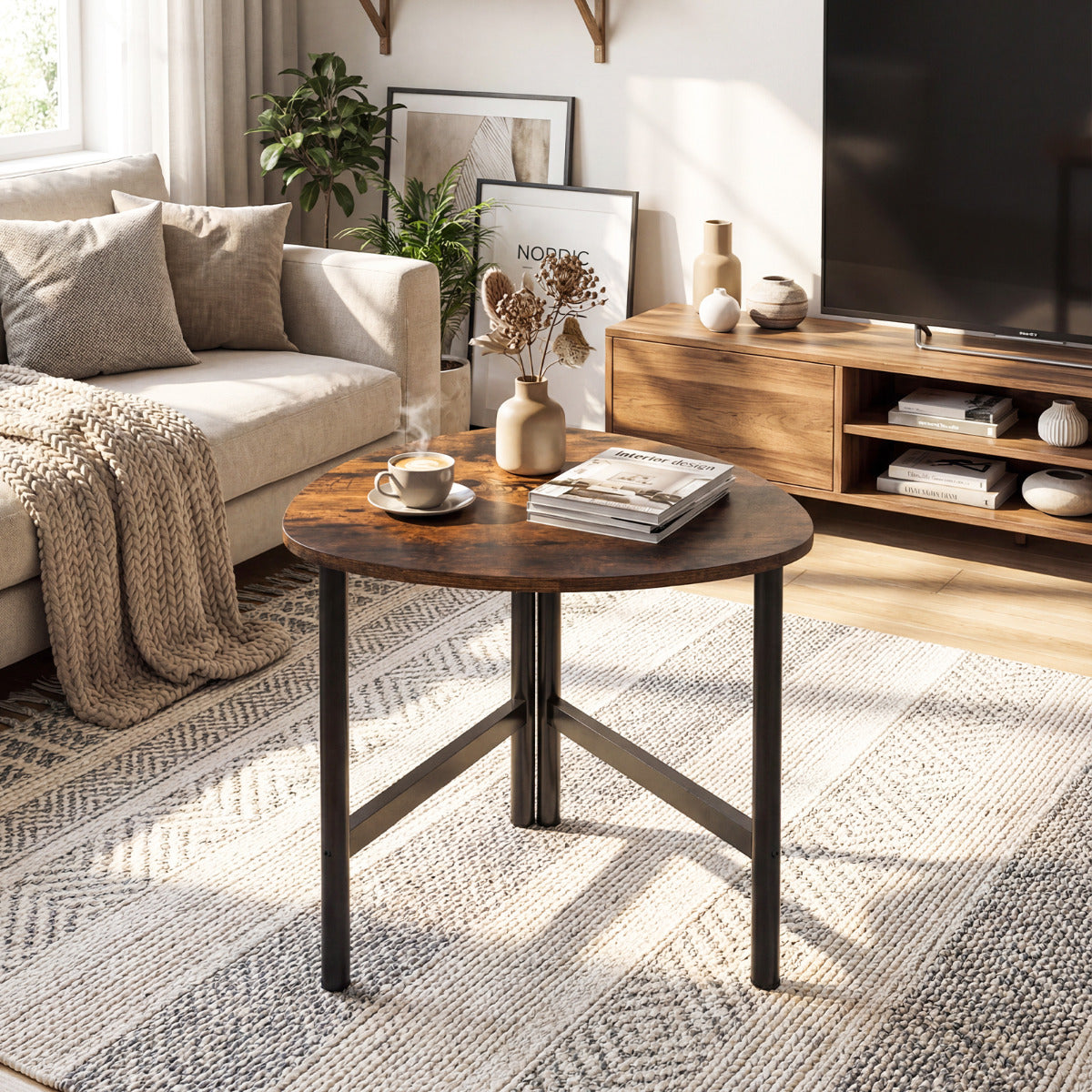 Coffee Table Triangle Center Table with Metal Legs Industrial Accent Sofa Table-Rustic Brown