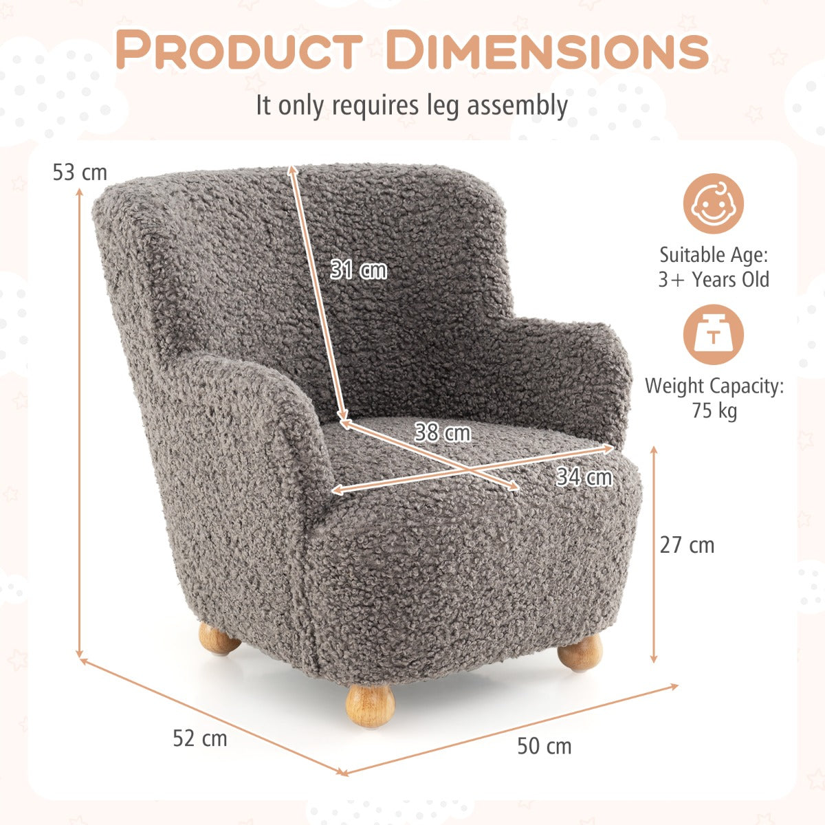 Comfy Toddler Armchair with Solid Rubber Wood Legs-Grey