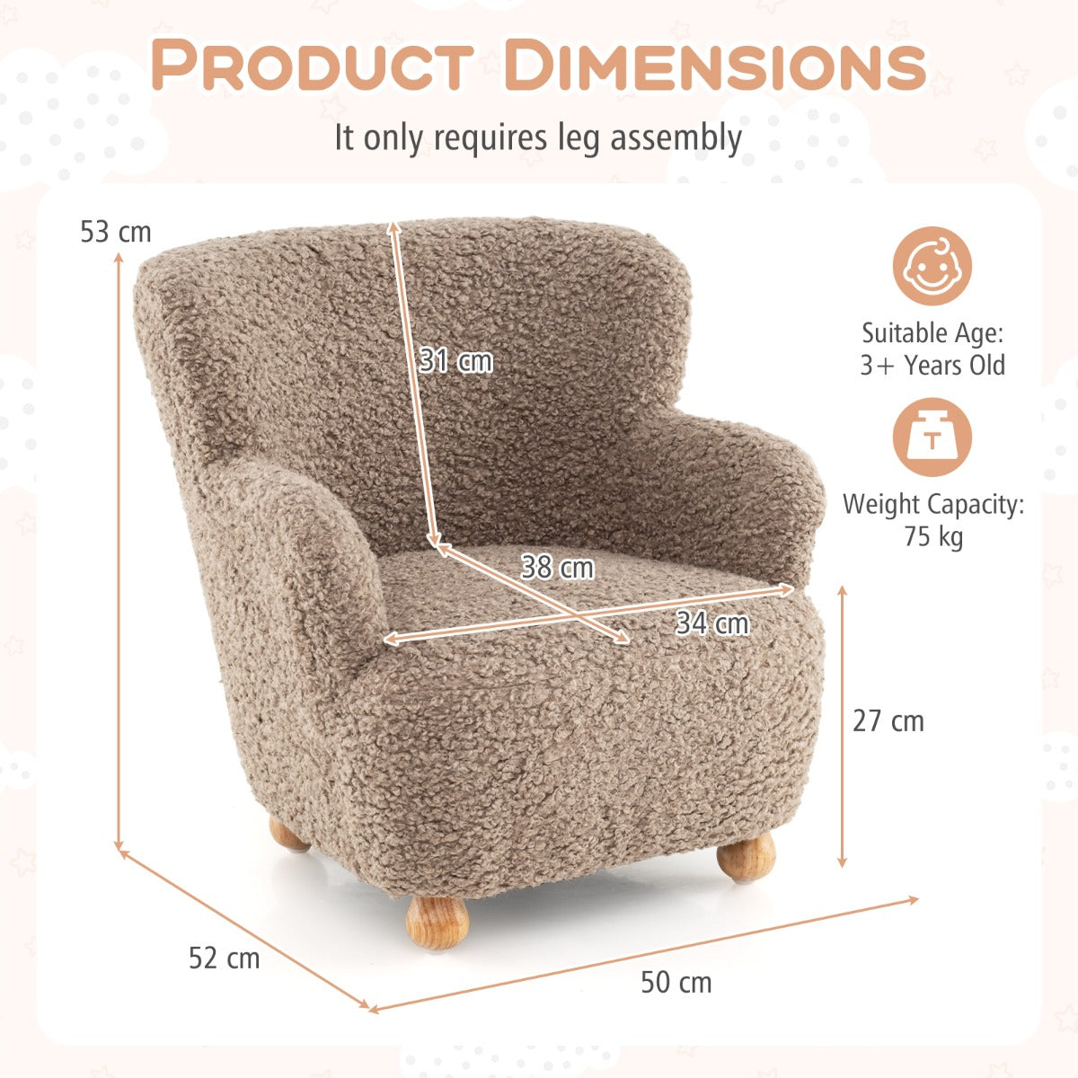 Comfy Toddler Armchair with Solid Rubber Wood Legs-Brown