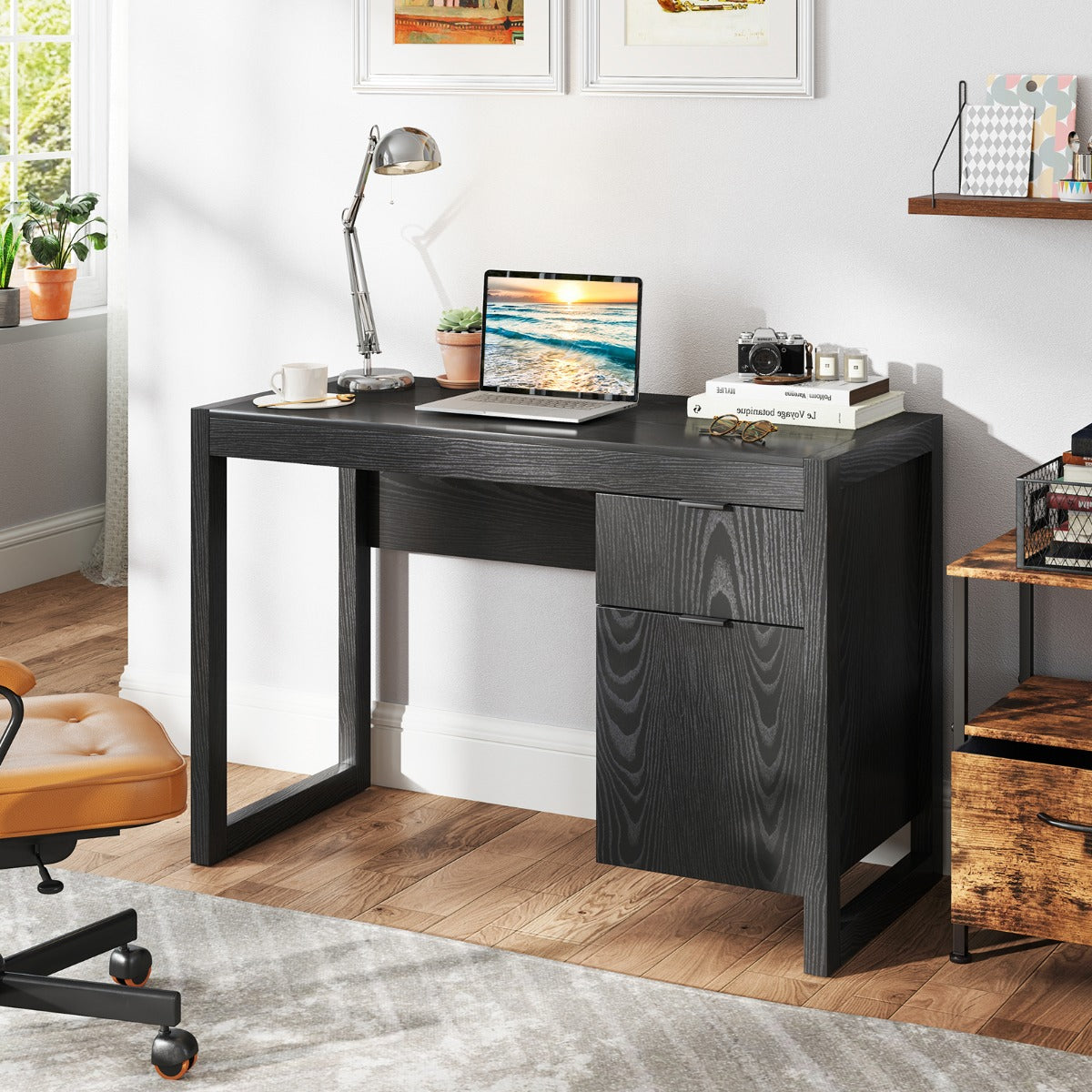 Wooden Computer Desk with Drawer and Cabinet-Black