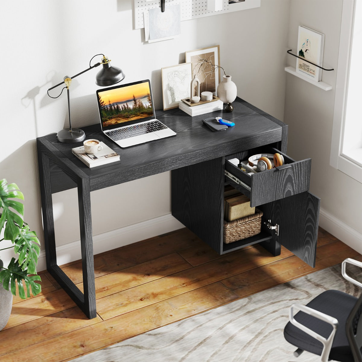 Wooden Computer Desk with Drawer and Cabinet-Black