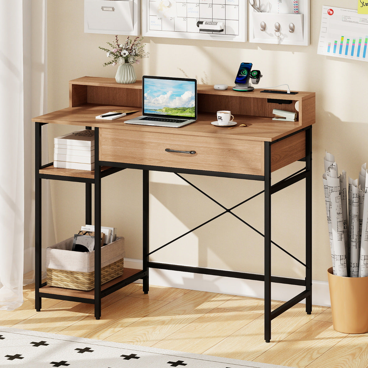 Computer Desk with Power Outlets and Top Shelf-Natural