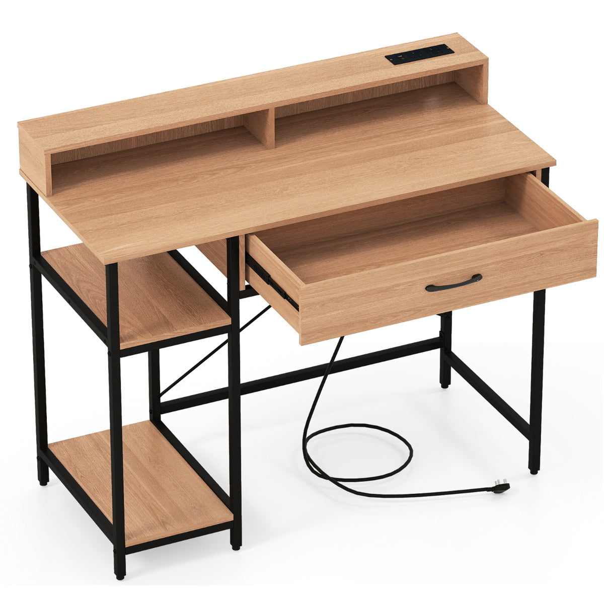 Computer Desk with Power Outlets and Top Shelf-Natural