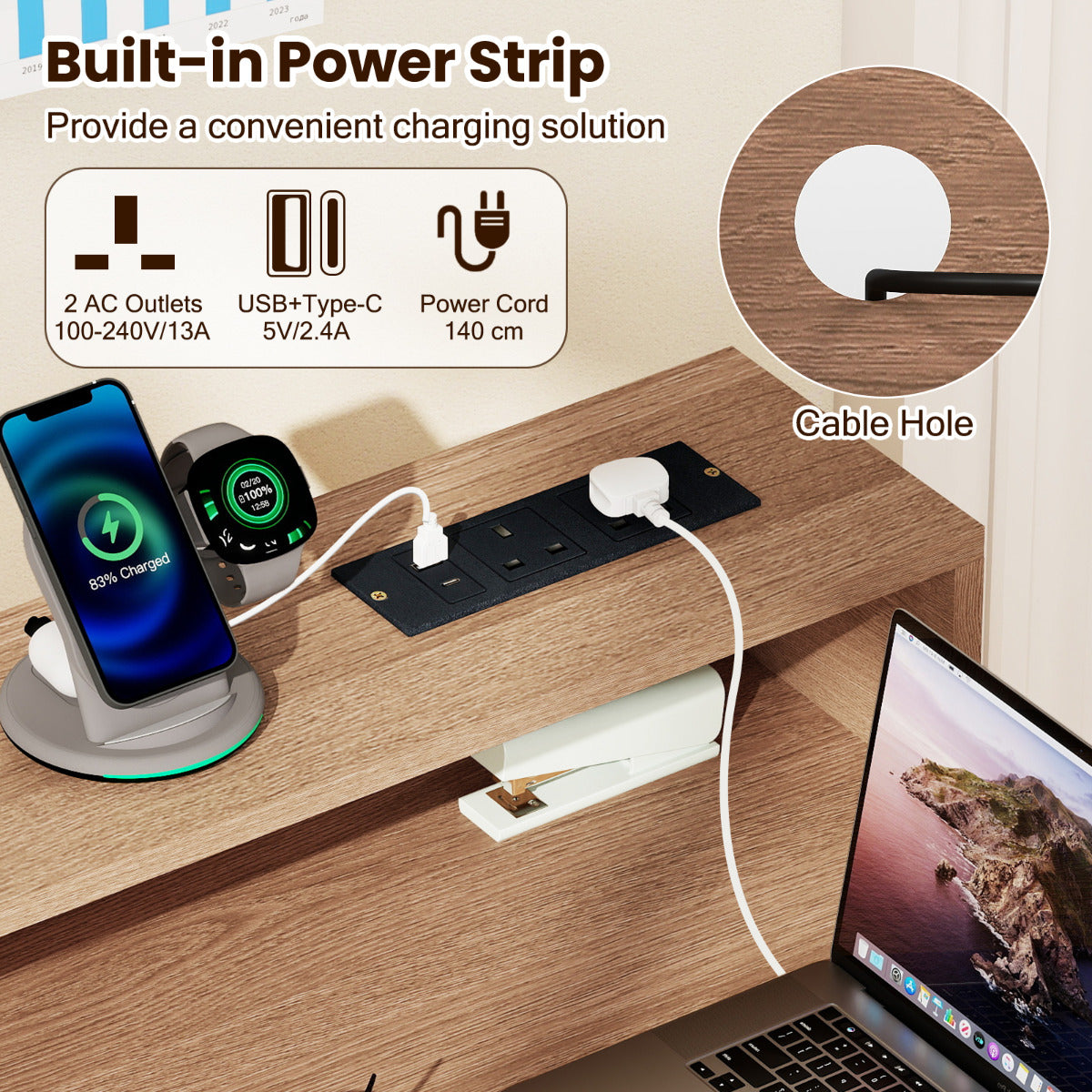 Computer Desk with Power Outlets and Top Shelf-Natural