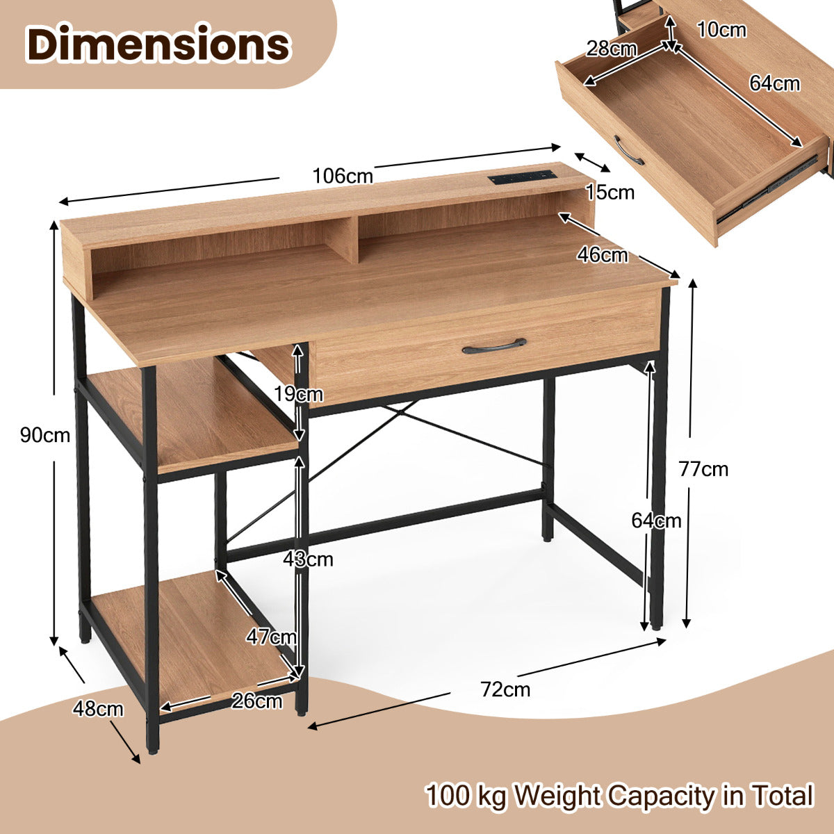 Computer Desk with Power Outlets and Top Shelf-Natural
