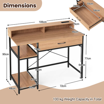 Computer Desk with Power Outlets and Top Shelf-Natural