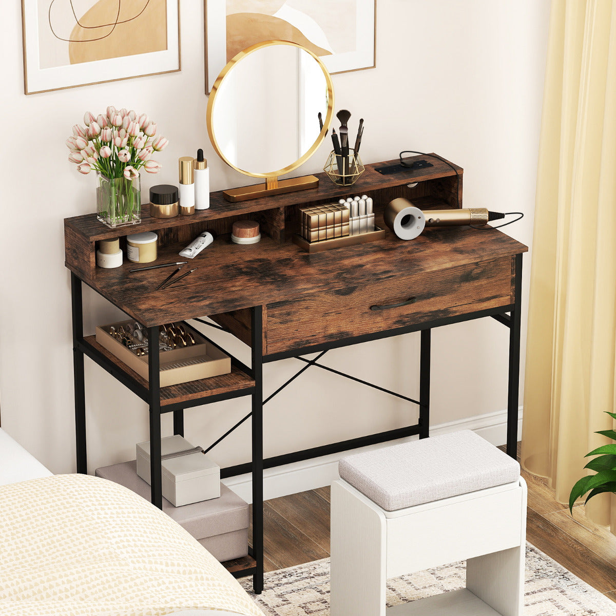 Computer Desk with Power Outlets and Top Shelf-Rustic Brown