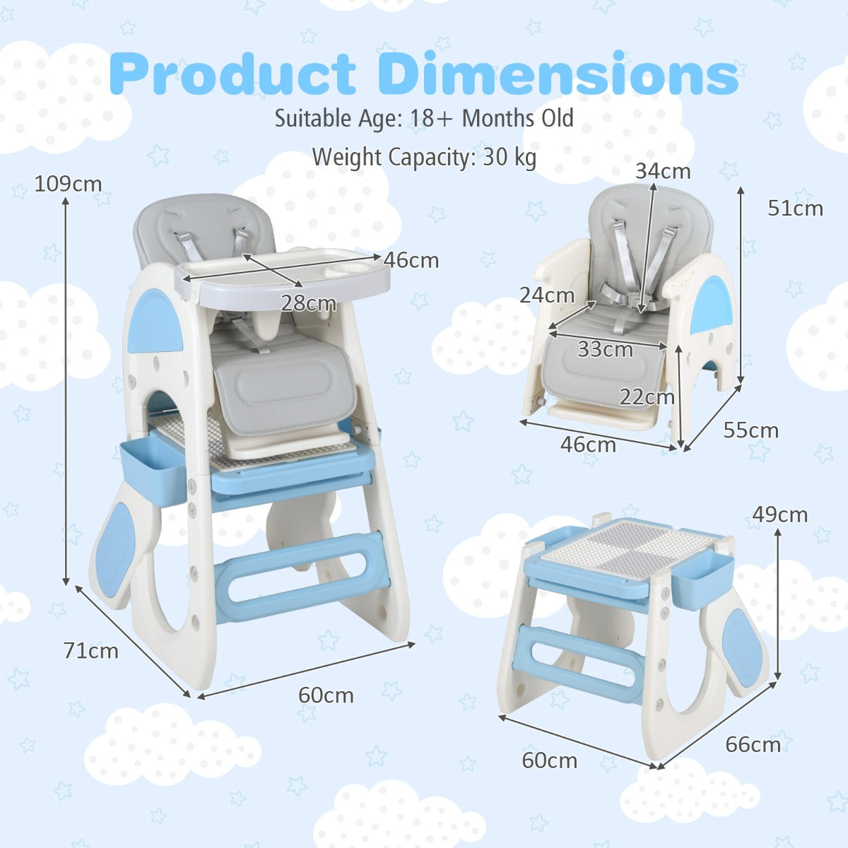 Convertible Baby High Chair with Double-layer Tray and Adjustable Backrest-Blue
