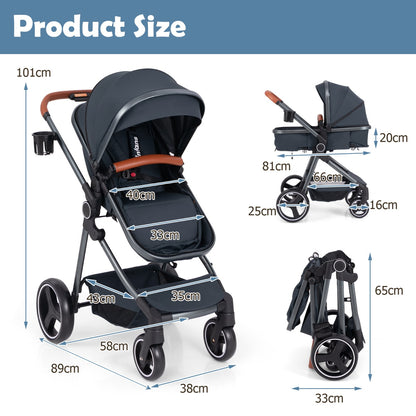 Convertible Baby Stroller with Footmuff and Extendable Canopy-Dark Blue
