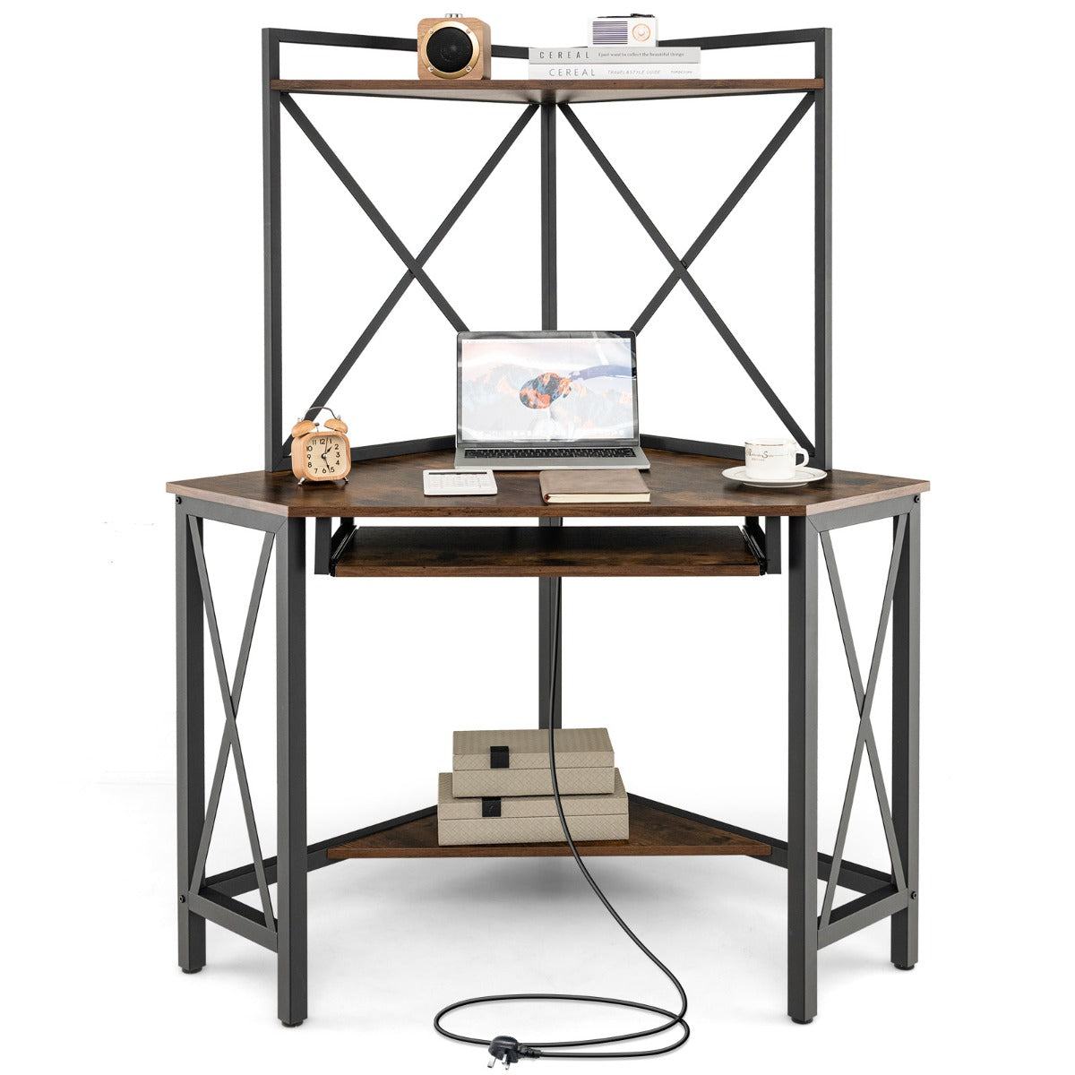 Corner Computer Desk with Hutch Storage Shelves and Keyboard Tray-Rustic Brown