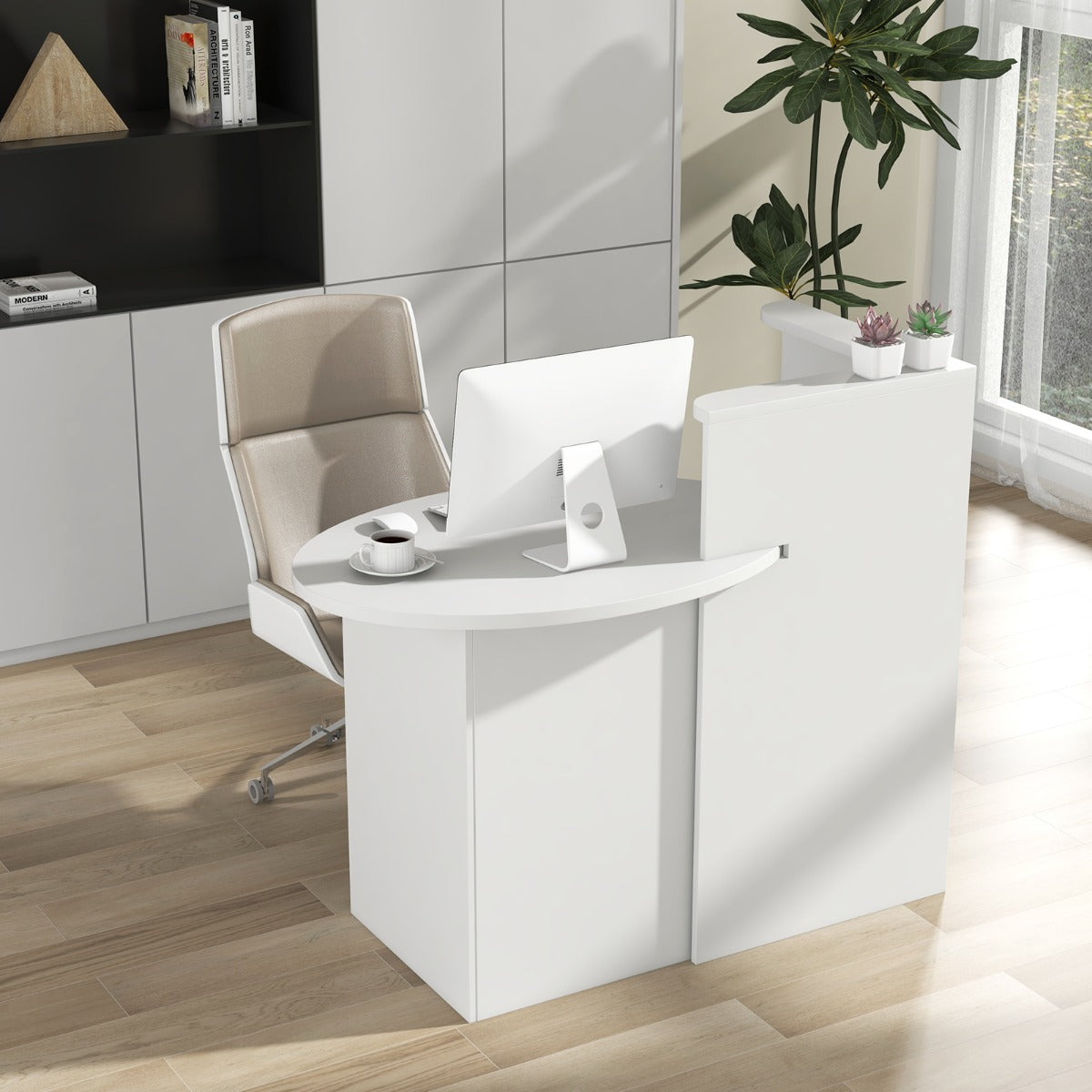 Corner Front Reception Counter Desk with Lockable Drawer-White