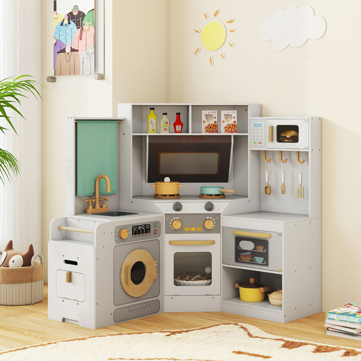 Corner Kitchen Playset with Pull-out Trash Can-Light Grey