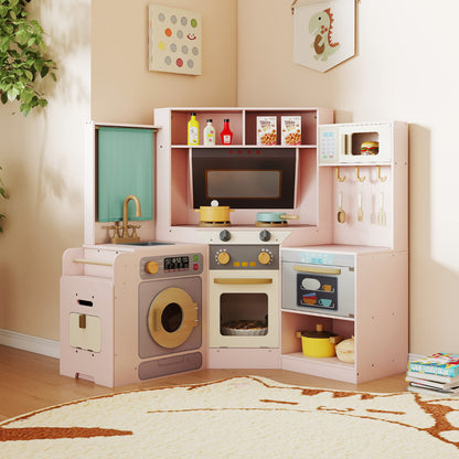 Corner Kitchen Playset with Pull-out Trash Can-Pink