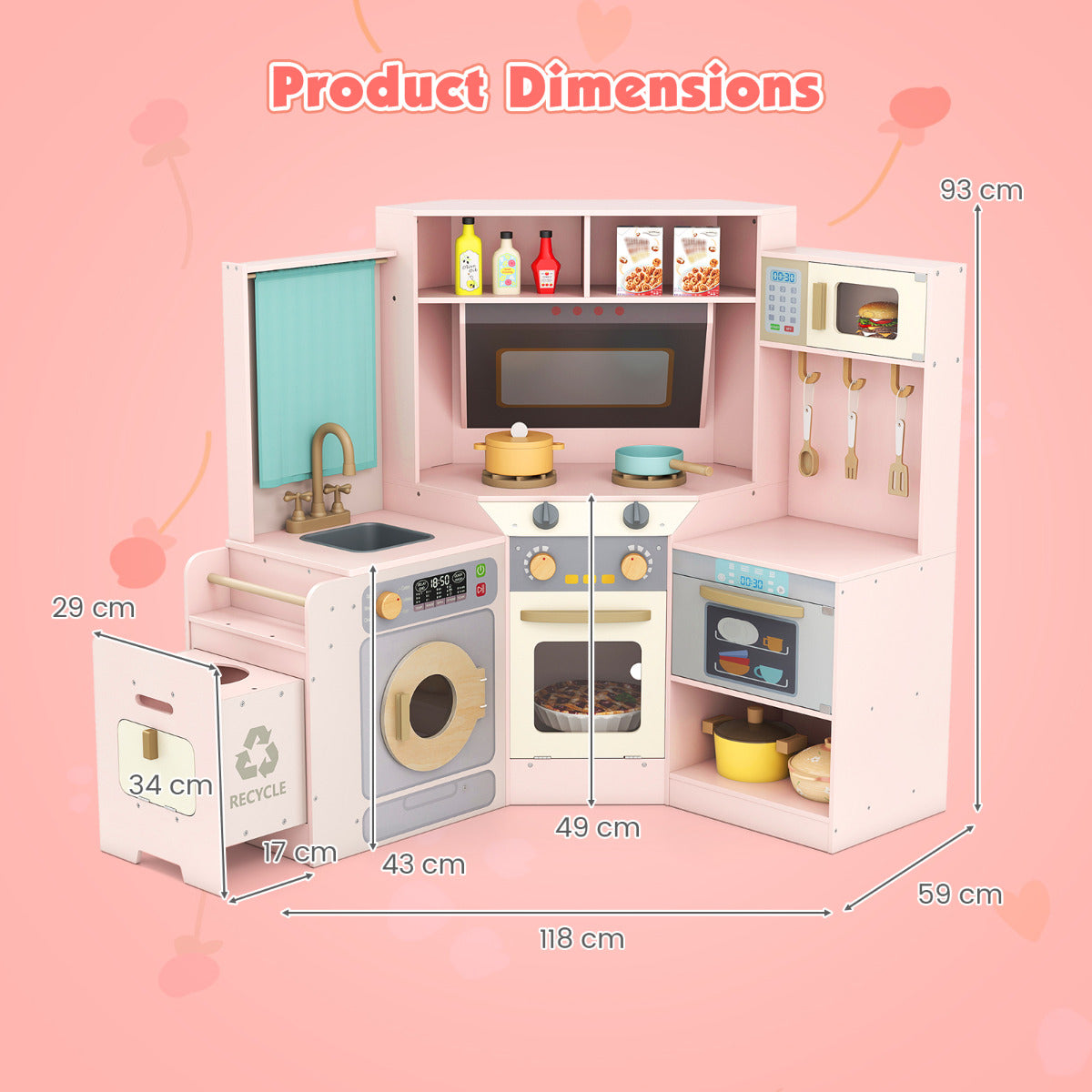 Corner Kitchen Playset with Pull-out Trash Can-Pink