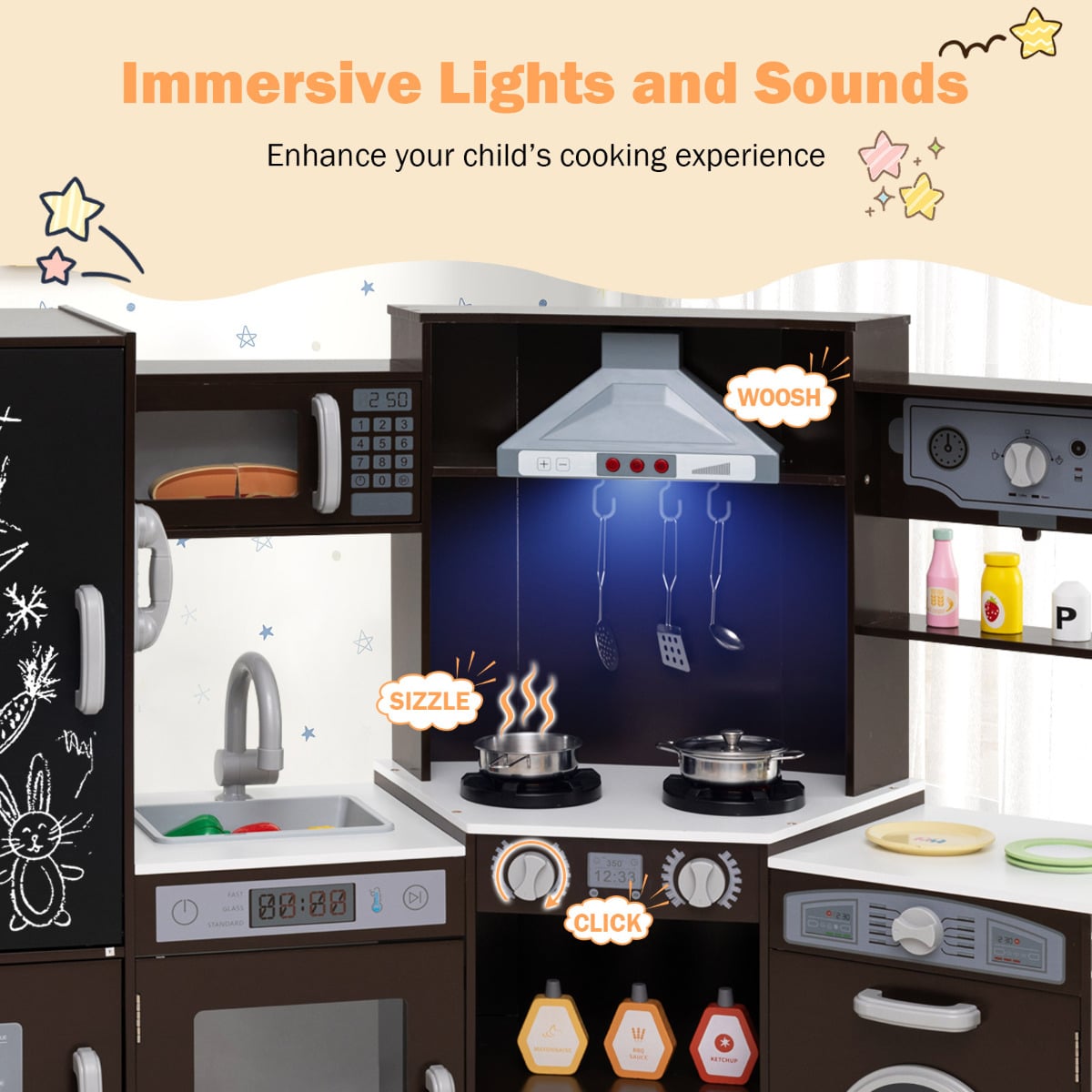 Corner Wooden Play Kitchen with Lights Sounds Toy Kitchen Playset-Espresso