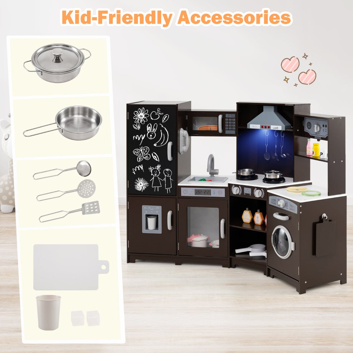 Corner Wooden Play Kitchen with Lights Sounds Toy Kitchen Playset-Espresso