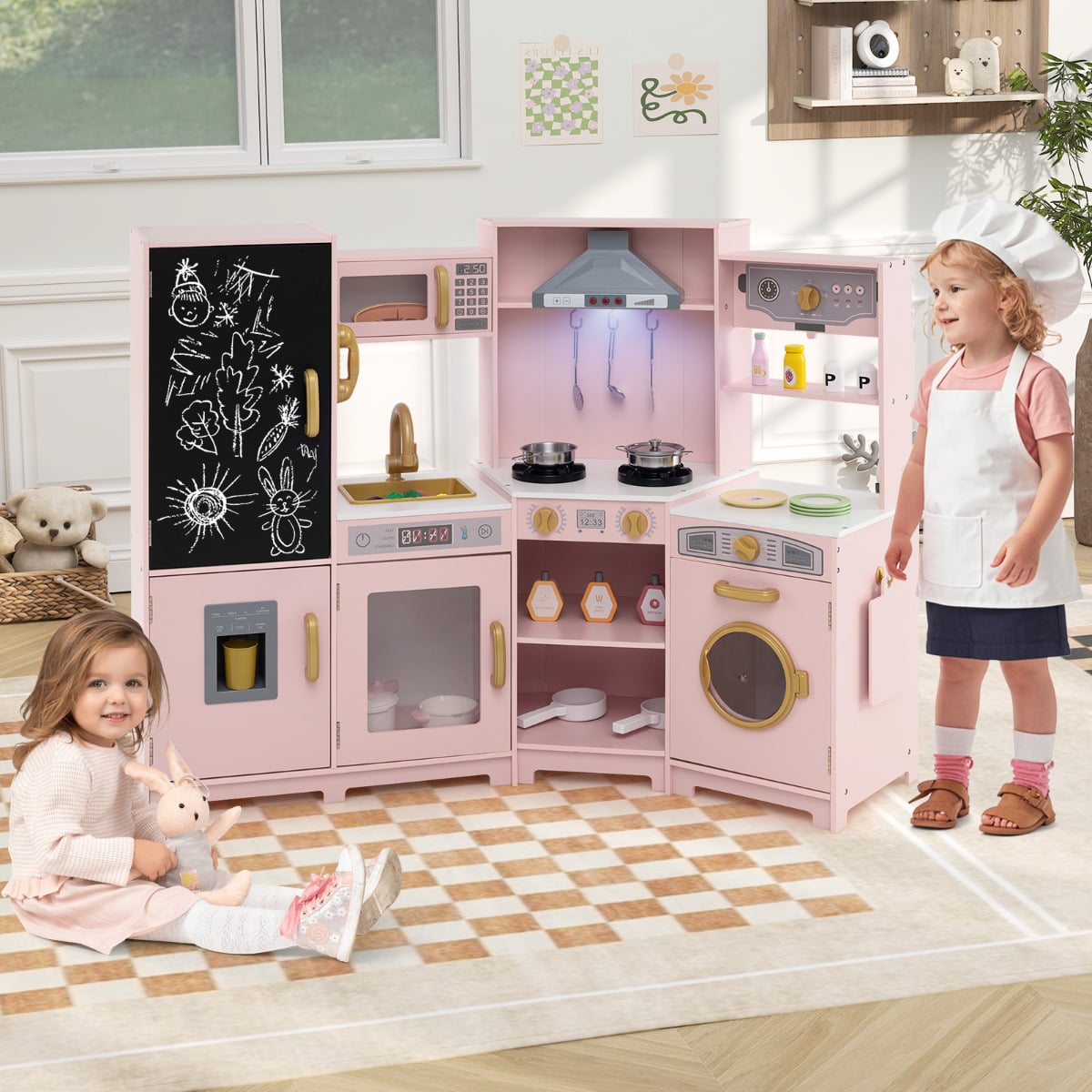 Corner Wooden Play Kitchen with Lights Sounds Toy Kitchen Playset-Pink