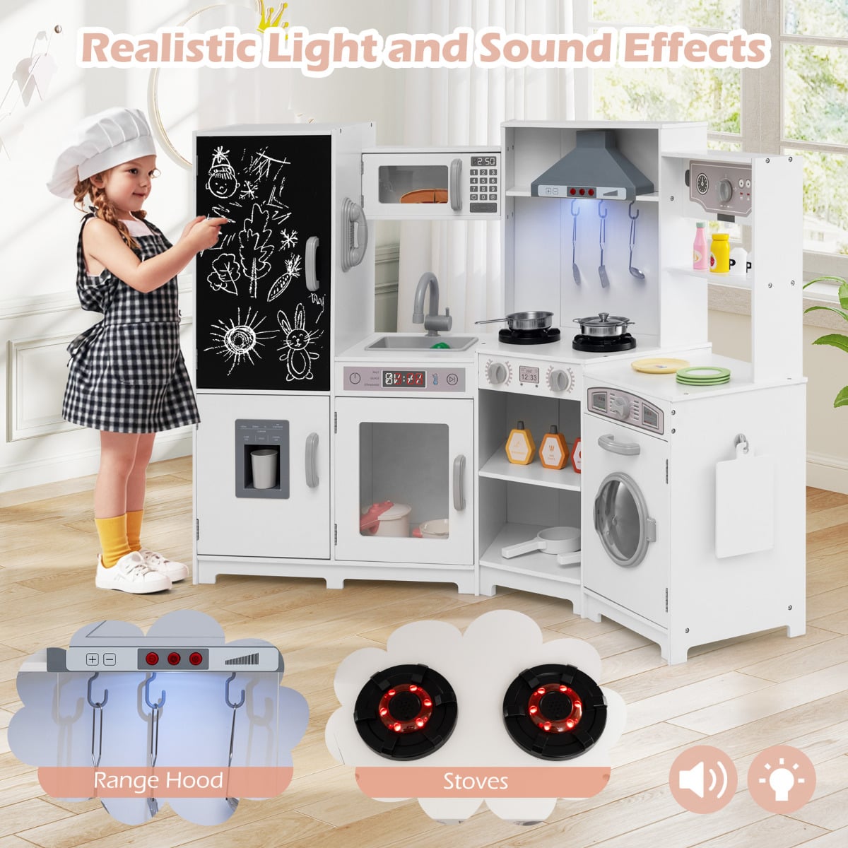 Corner Wooden Play Kitchen with Lights Sounds Toy Kitchen Playset-White