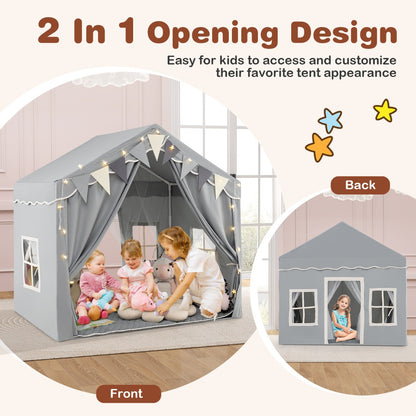 3-4 Kids Large Play Tent House with 2 Opening Doors  Star Lights and Plaid Pennants-Grey