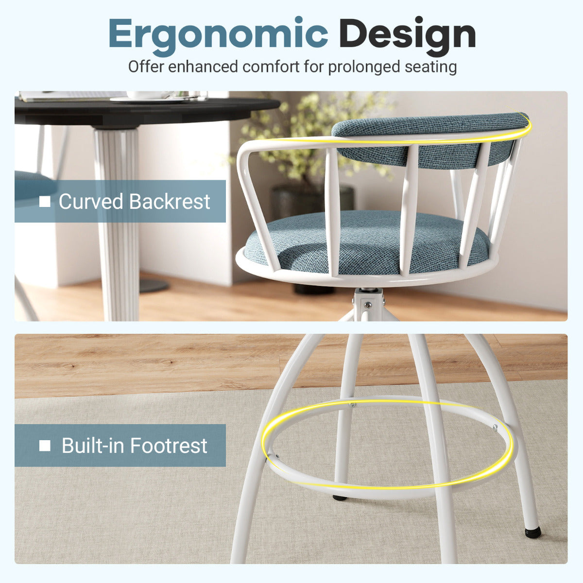 Counter Height Swivel Bar Stools Set of 2 Upholstered Barsools with Backrest-Blue
