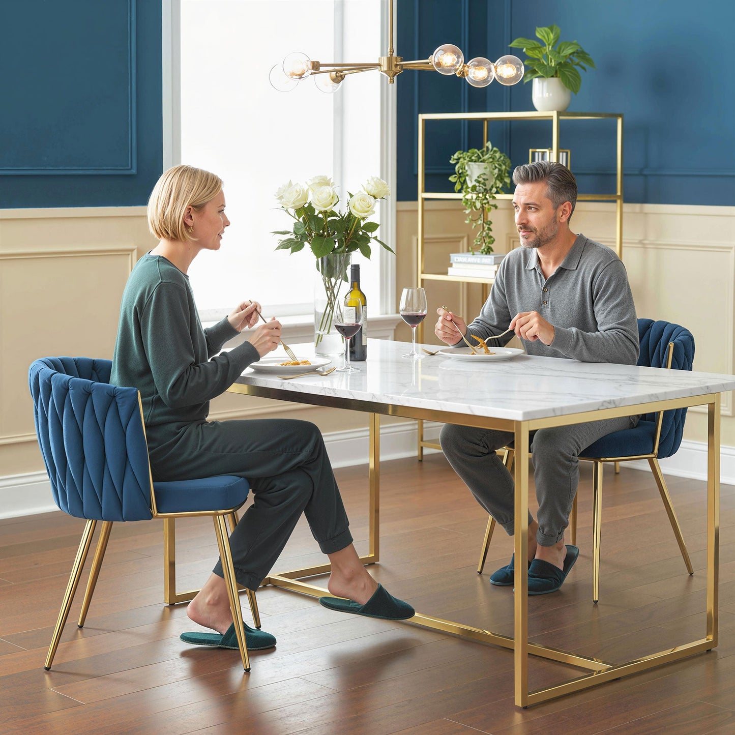 HOMCOM Velvet-Feel Dining Chairs Set of 2, Modern Upholstered Kitchen Chairs with Woven Backrest and Armrests, Metal Legs and Padded Seat for Dining Room, Bedroom, Living Room, Dark Blue