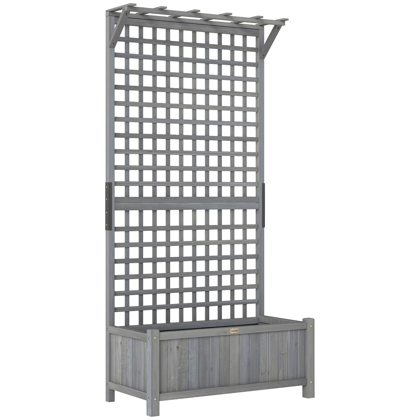 Outsunny Raised Bed with Drainage Holes, Wood Planter with Trellis for Climbing Plants, Dark Grey