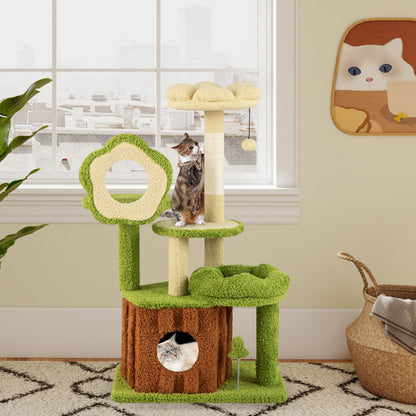Cute Cat Tree for Adult Cats with Trunk Condo and Flower Perch-Green