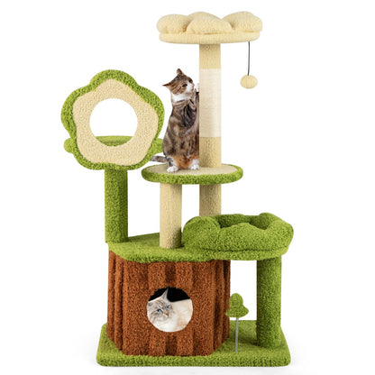 Cute Cat Tree for Adult Cats with Trunk Condo and Flower Perch-Green