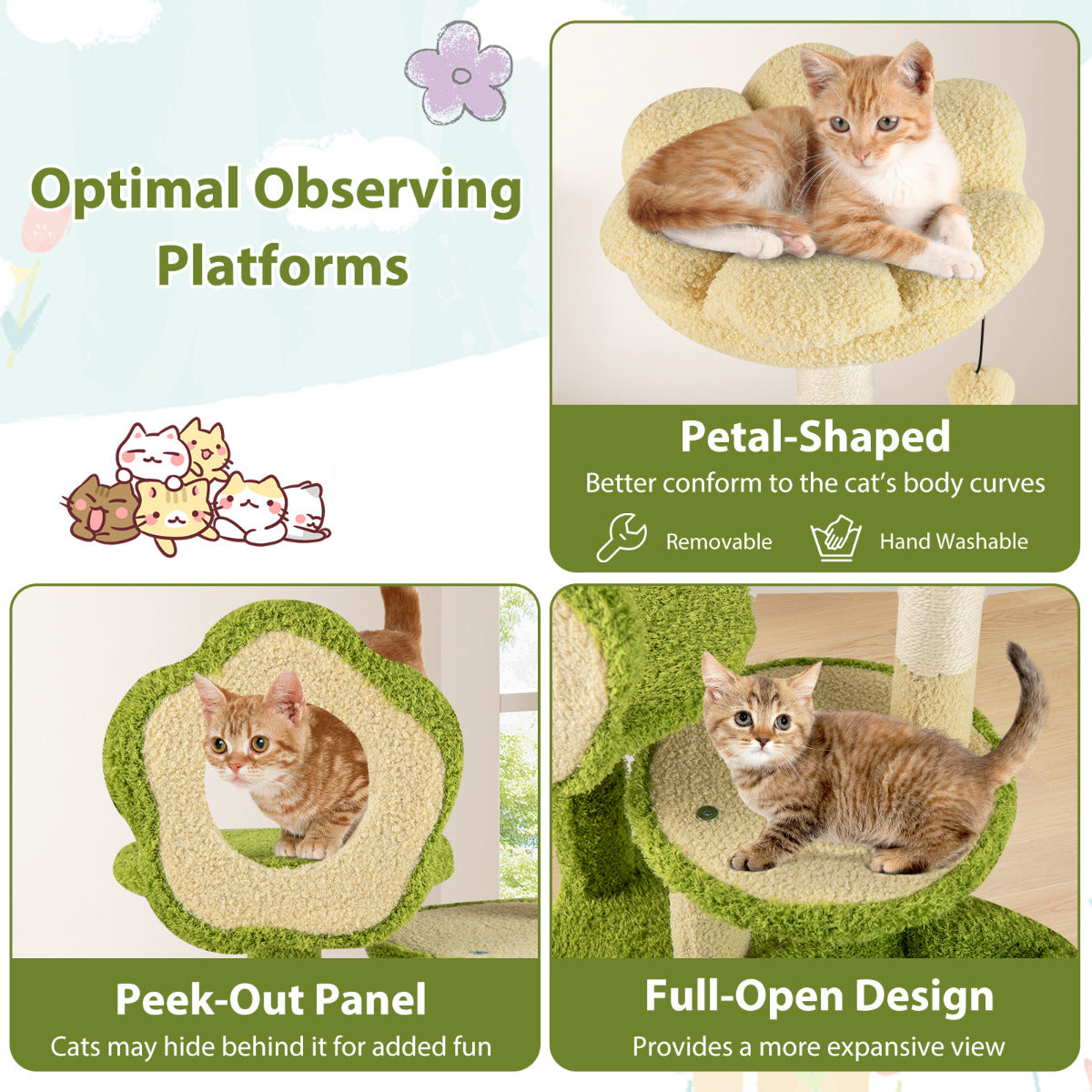 Cute Cat Tree for Adult Cats with Trunk Condo and Flower Perch-Green