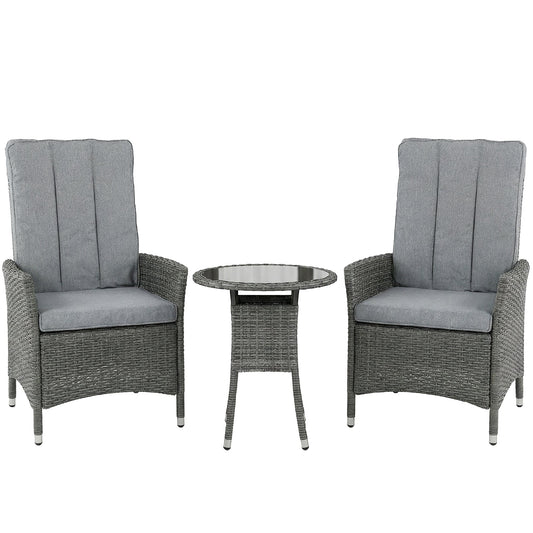 Outsunny Rattan Bistro Set, Reclining Garden Chairs and Glass Coffee Table with Cushions for Patio Balcony Porch, Grey