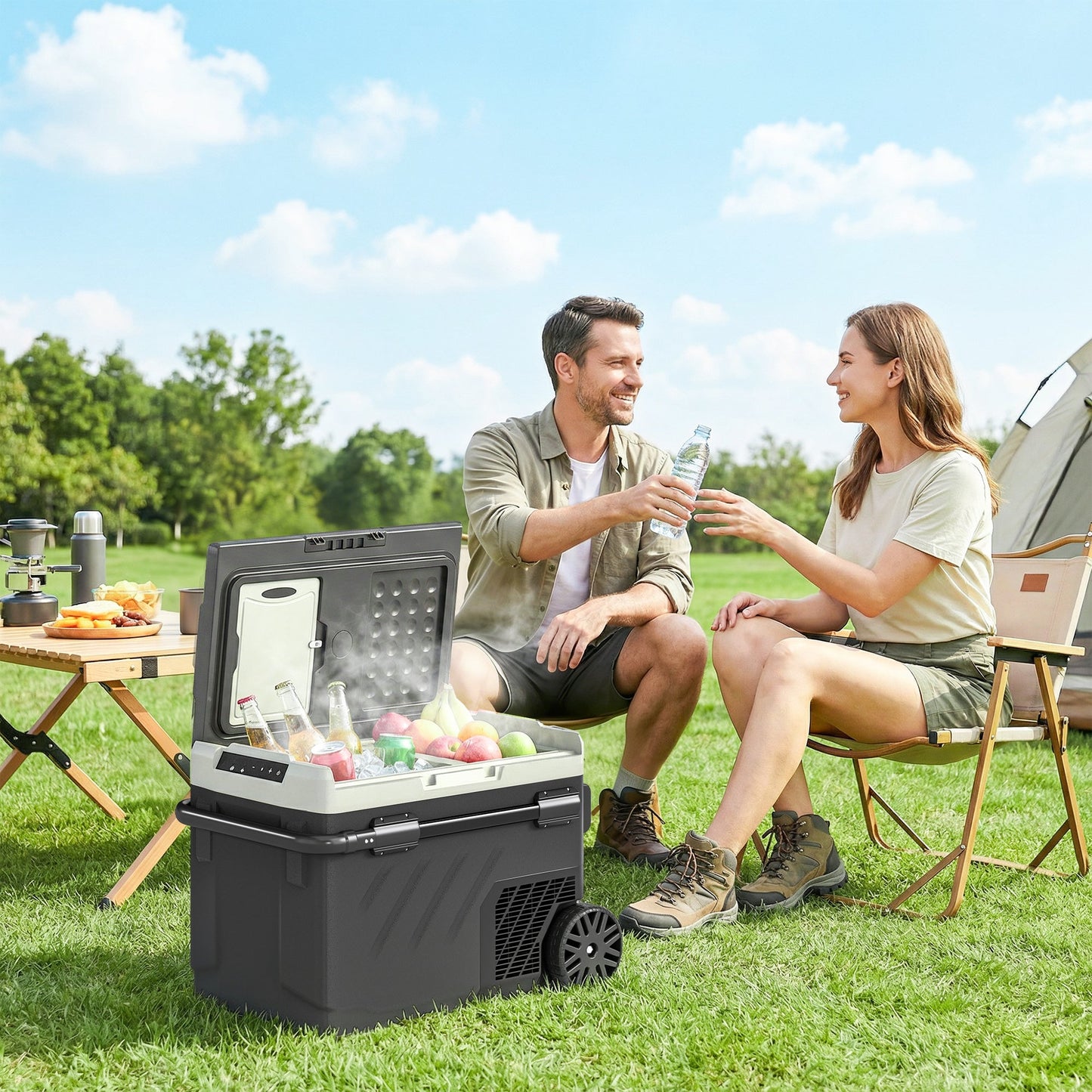 Outsunny 40L Compressor Car Fridge Freezer, Dual Zone Camping Refrigerator with App Control, Telescopic Handle, -20Â°C-20Â°C
