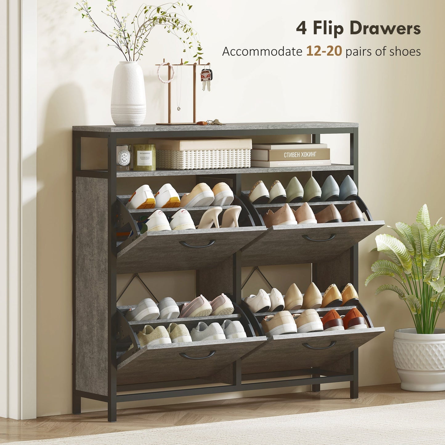 HOMCOM Shoe Storage Cabinet with 4 Flip Drawers and Open Shelf - Cement Grey