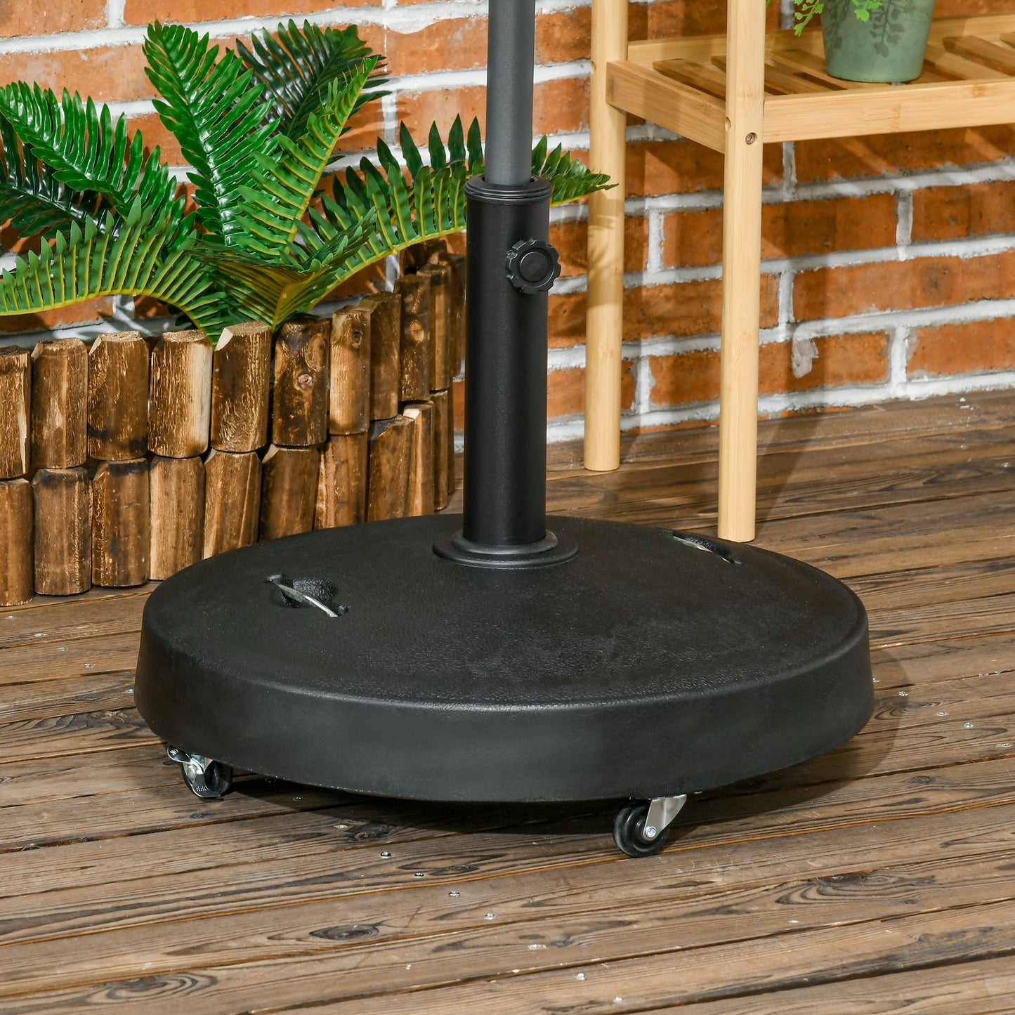 Outsunny 25kg Resin Garden Parasol Base with Wheels and Retractable Handles, Round Outdoor Market Umbrella Stand Weight for Poles of Î¦38mm to Î¦48mm, Black