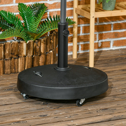 Outsunny 25kg Resin Garden Parasol Base with Wheels and Retractable Handles, Round Outdoor Market Umbrella Stand Weight for Poles of Î¦38mm to Î¦48mm, Black