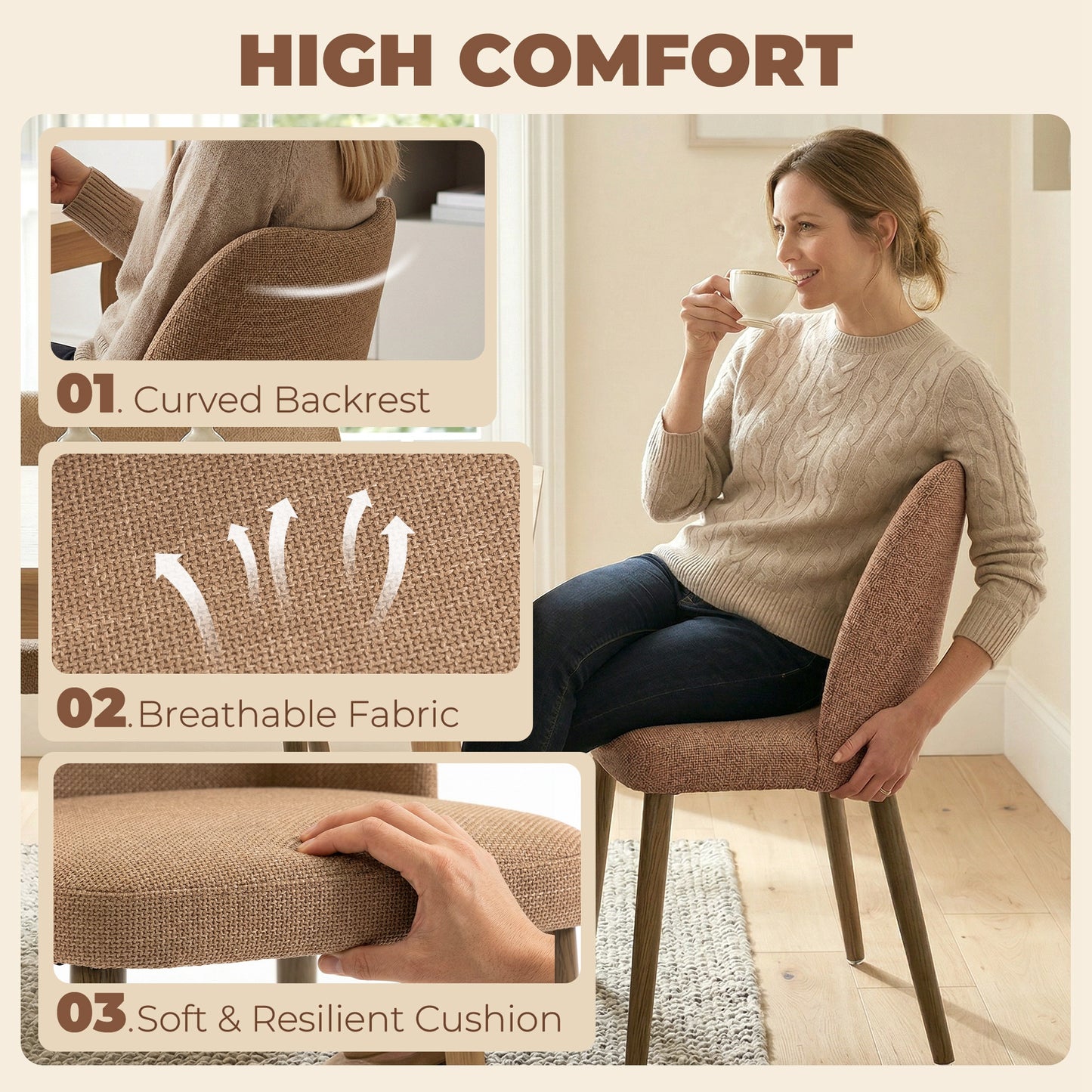 HOMCOM Dining Chairs Set of 2, Linen Upholstered Kitchen Chairs with Padded Seat, Curved Backrest, Rubberwood Legs, Brown