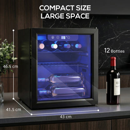 HOMCOM 12 Bottle Wine Cooler, 36 Litre Capacity, 4-16Â°C Under Counter Drinks Beer Wine Fridge with Glass Door, LED Light, Black